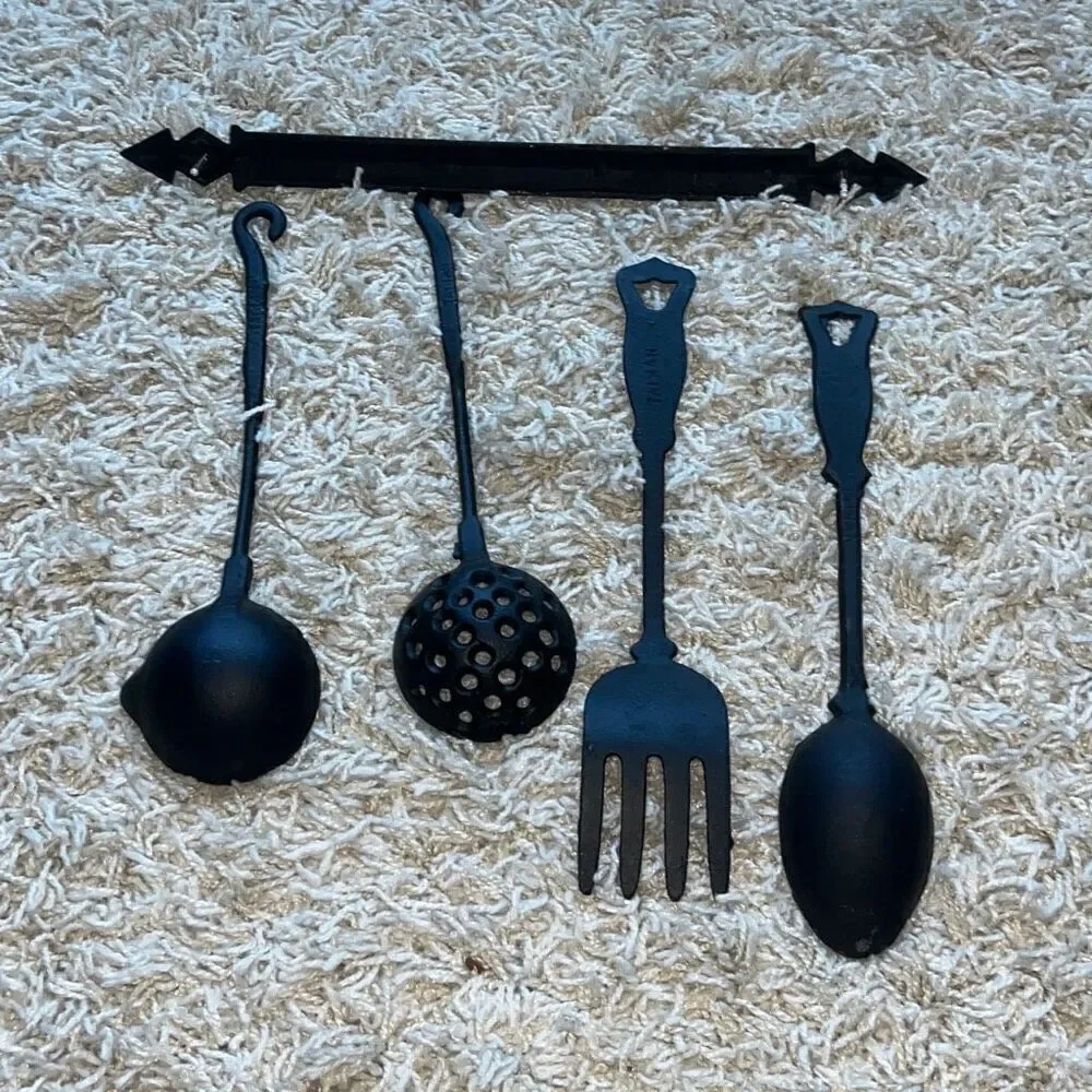 Vintage Four (4) Piece Set of Cast Iron Kitchen Utensils - Fork, Skimmer Spoon,